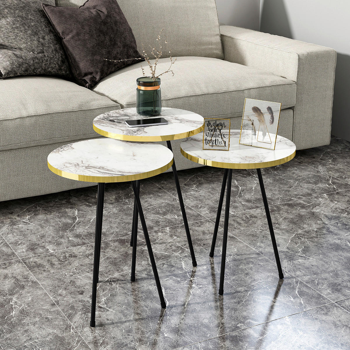 Beistelltisch 3er-Set. 21786245 weiß Marmor Optik schwarz Metall B/H/T: ca. 38x53,5x38 cm 3er-Set. 21786245 - weiß/schwarz (38,00/53,50/38,00cm) - moebel17