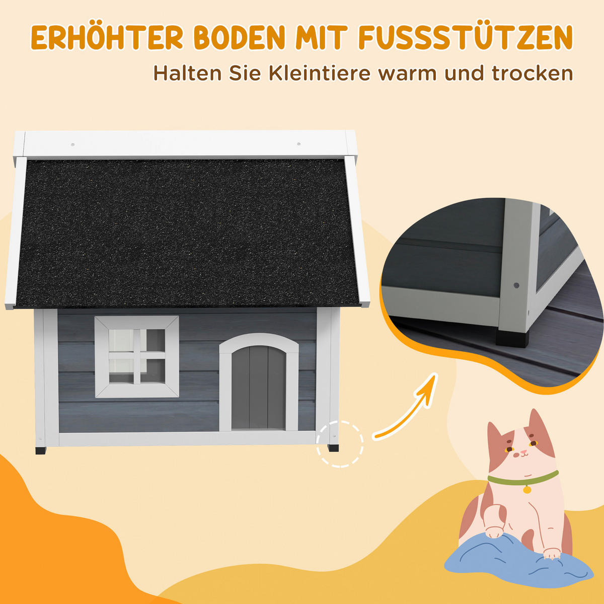 PawHut Katzenhaus grau Holz B/H/L: ca. 57,5x68x77 cm Katzenhaus - grau (77,00/57,50/68,00cm) - PawHut
