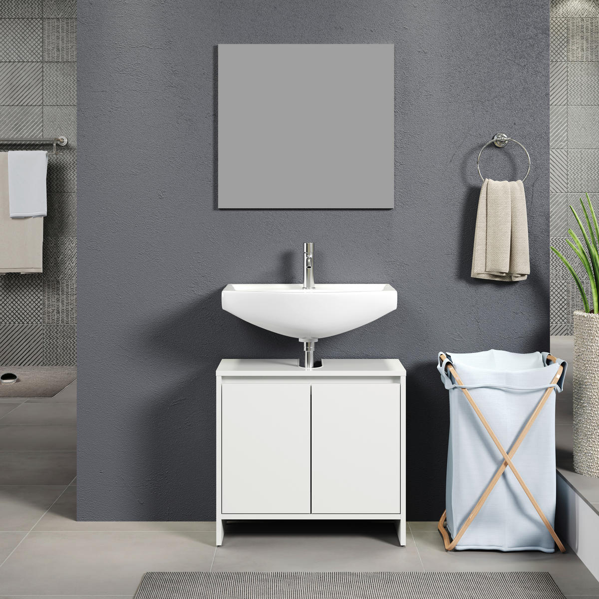 Badezimmer-Set Basix weiß matt grau B/H/T: ca. 60x164x28 cm Basix - weiß/grau (60,00/164,00/28,00cm) - Trendteam