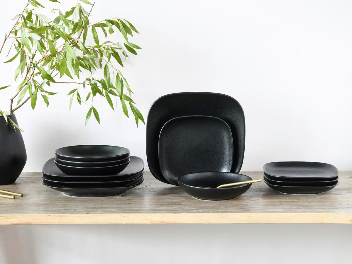 CreaTable Tafelservice Magic Black schwarz Steinzeug 12 tlg. Magic Black - schwarz - CreaTable