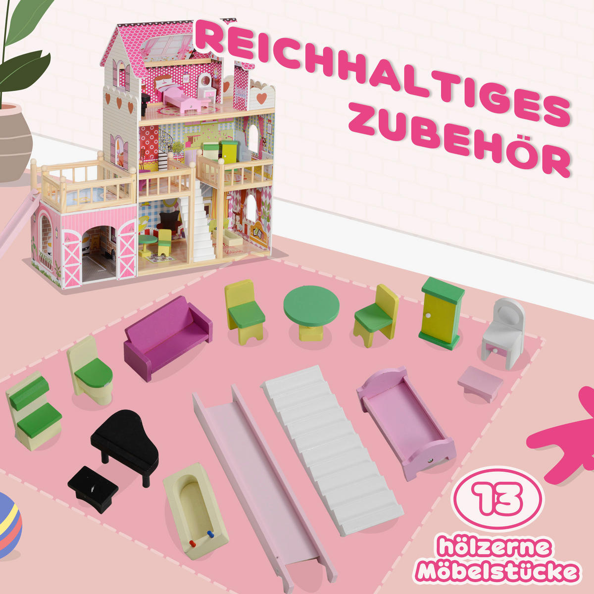 AIYAPLAY Puppenhaus rosa Kiefer B/H/L: ca. 32x92,1x114,5 cm Puppenhaus - rosa (114,50/32,00/92,10cm) - AIYAPLAY