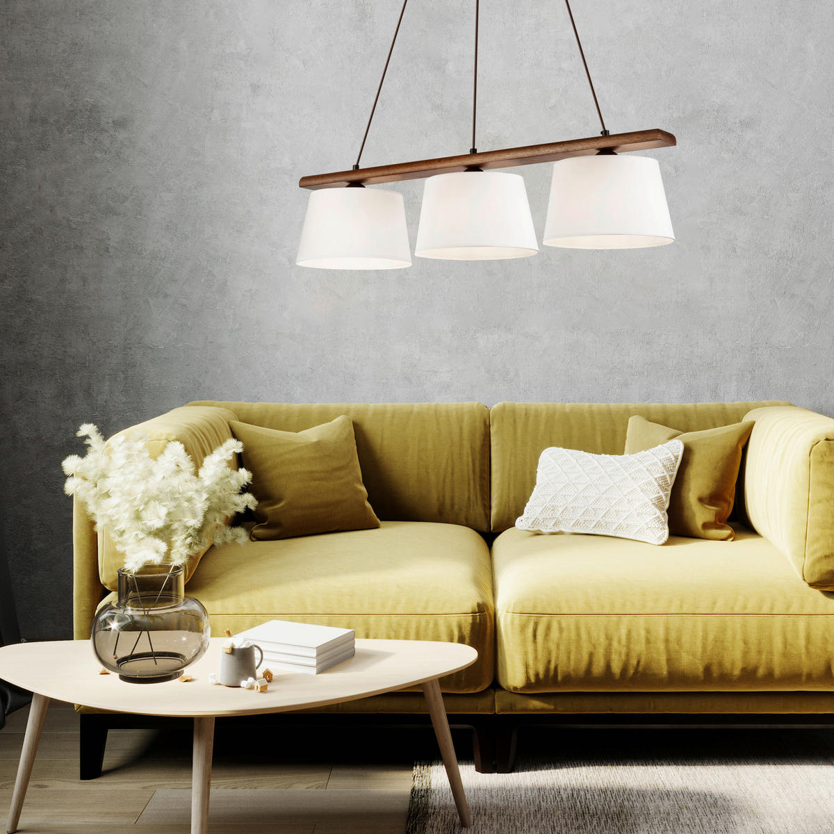 Lamkur Pendelleuchte AIDA 35185 Eiche Stoff Holz Stahl H/L: ca. 89x90 cm E27 3 Brennstellen Aida - Eiche (90,00cm) - Lamkur