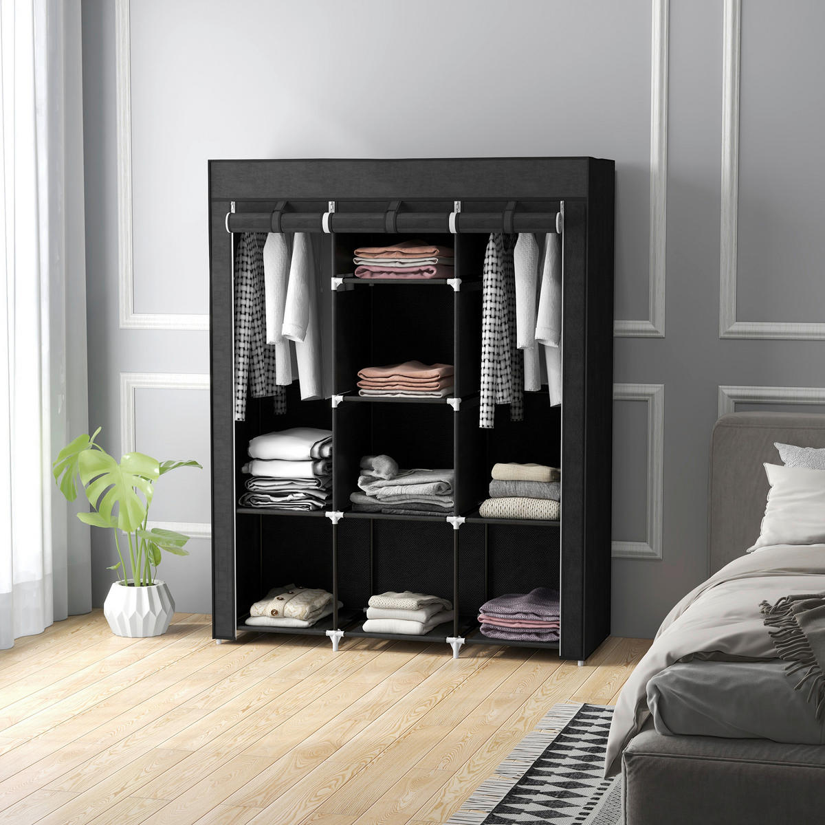 HOMCOM Kleiderschrank schwarz Edelstahl B/H/L: ca. 43x125x162,5 cm Stoffschrank - schwarz (162,50/43,00/125,00cm) - HOMCOM
