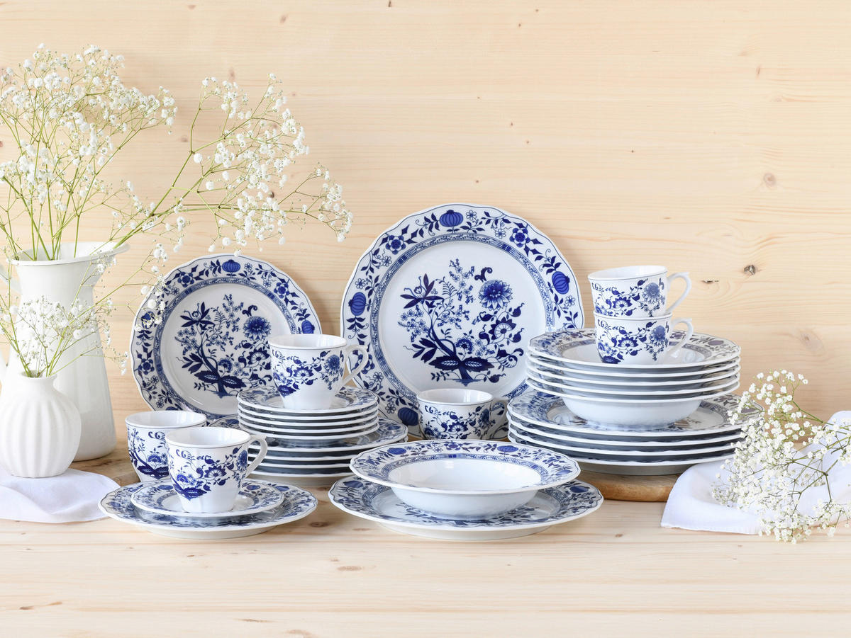 CreaTable Kombiservice Flora Zwiebelmuster weiß Porzellan 30 tlg. Flora Zwiebelmuster - blau/weiß - CreaTable