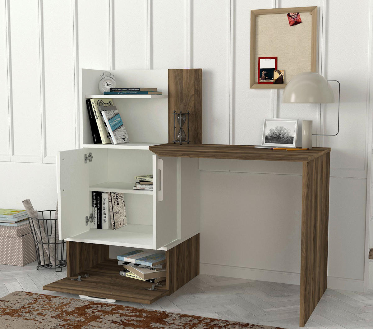 Schreibtisch Padora walnuss Nachbildung weiß B/H/T: ca. 131x115x60 cm Padora - weiß/walnuss (131,00/115,00/60,00cm) - moebel17