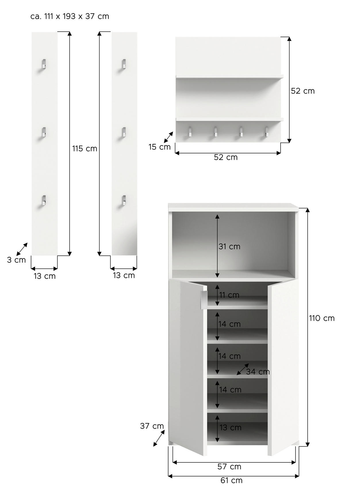 Garderobe PROJEKT X weiß weiß Hochglanz B/H/T: ca. 111x191x37 cm PROJEKT X - weiß (111,00/191,00/37,00cm) - xonox.home