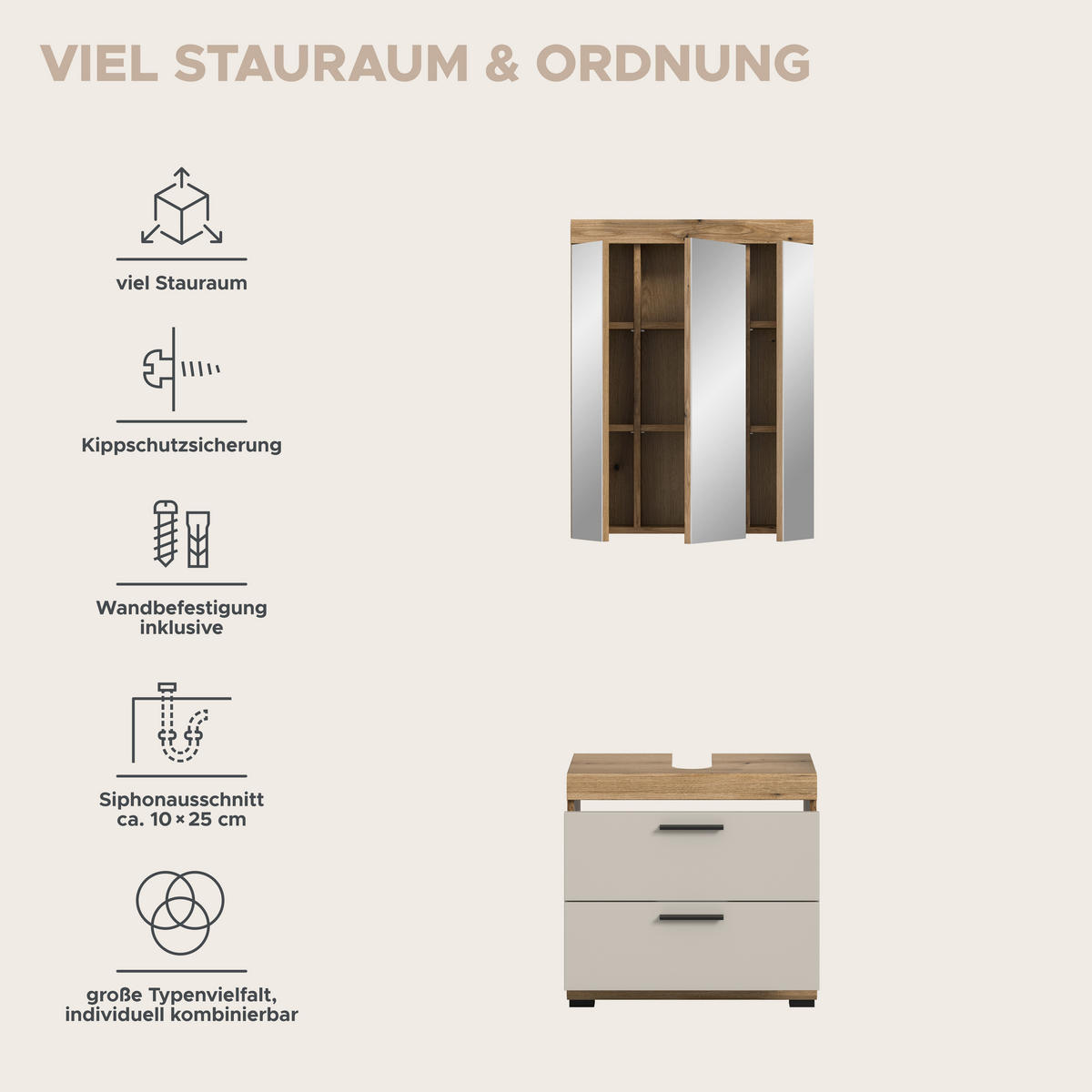 Badezimmer-Set Scout Evoke Oak Nachbildung Kaschmirgrau Nachbildung B/H/T: ca. 60x191x34 cm Scout - Kaschmirgrau (60,00/191,00/34,00cm) - xonox.home