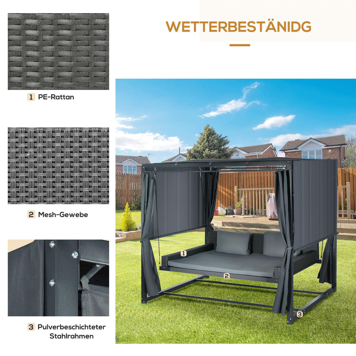 Outsunny Hollywoodschaukel mit Pergola dunkelgrau Polyethylen B/H/L: ca. 180x210x235 cm Hollywoodschaukel_mit_Pergola - dunkelgrau (235,00/180,00/210,00cm) - Outsunny