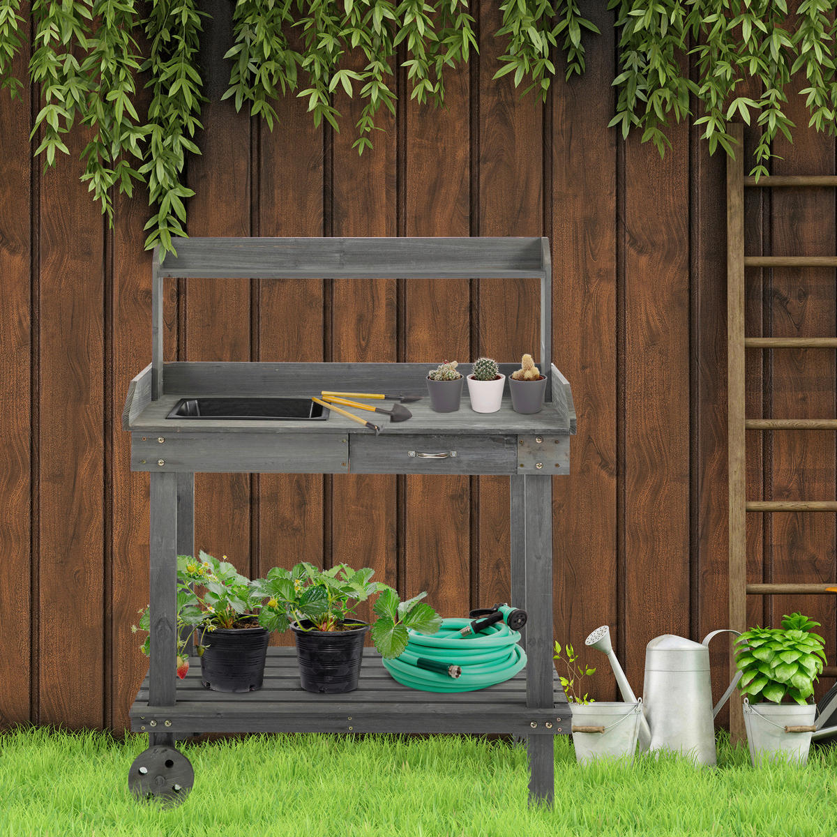 Outsunny Pflanztisch mit Rollen grau B/H/L: ca. 45x119x92 cm Gärtnertisch 845-460GY - grau (92,00/45,00/119,00cm) - Outsunny