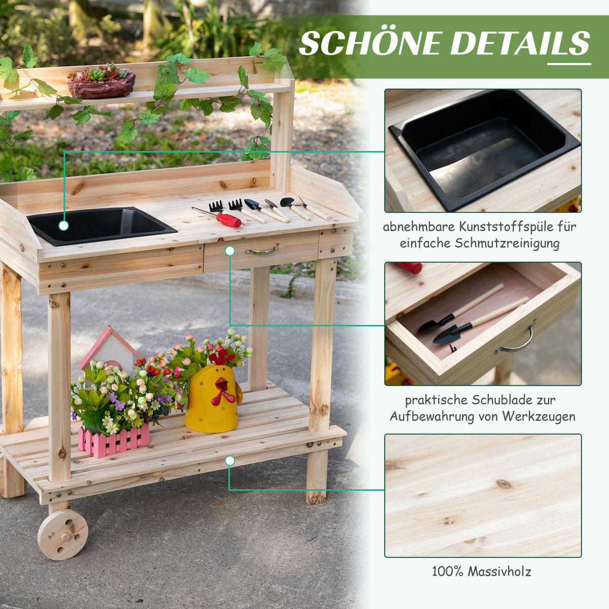 Outsunny Pflanztischmit Rollen natur B/H/L: ca. 45x119x92 cm Gärtnertisch 845-460ND - natur (92,00/45,00/119,00cm) - Outsunny