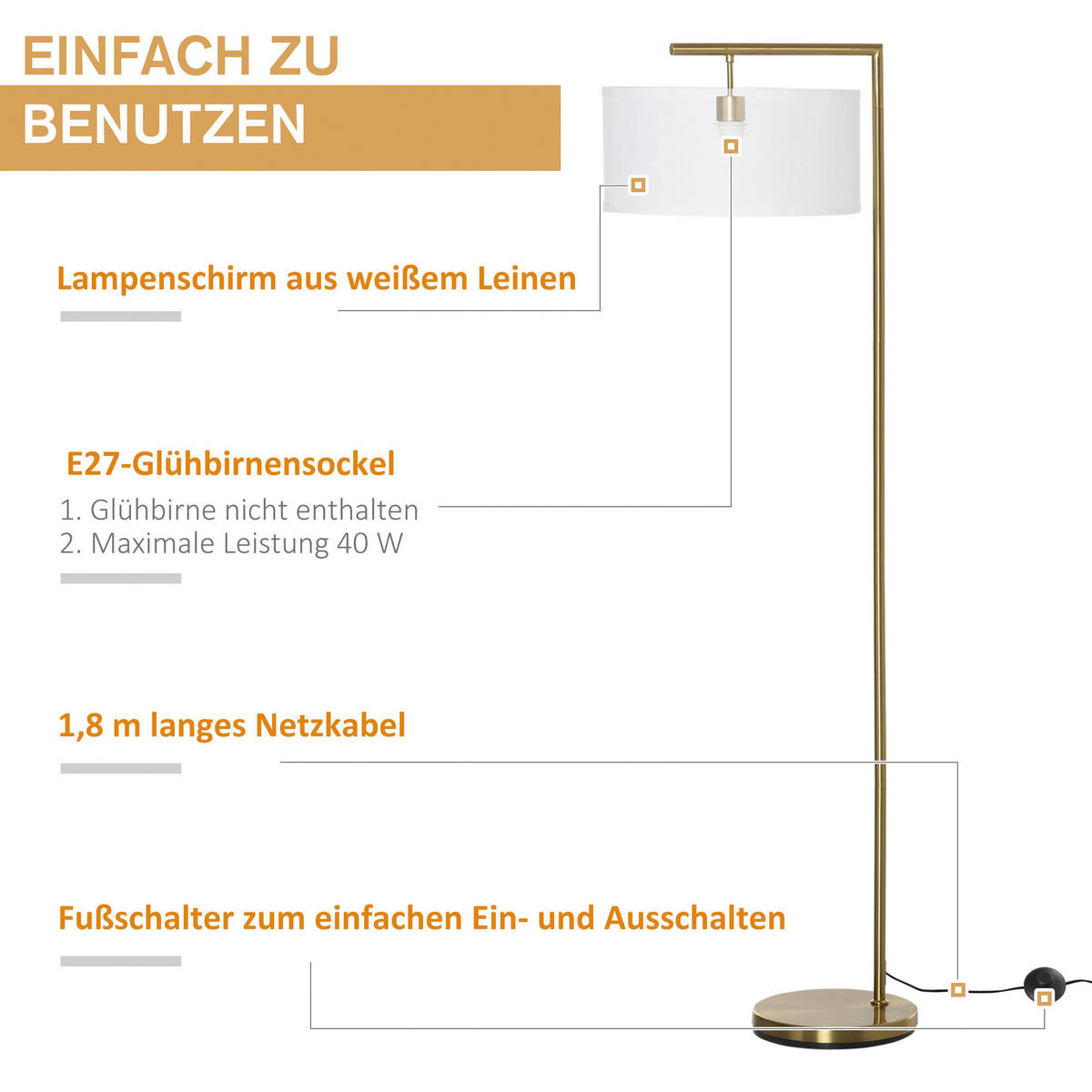 HOMCOM Stehleuchte weiß gold Stahl Leinen B/H/T: ca. 37x153x37 cm Stehleuchte B31-254 - gold/weiß (37,00/153,00/37,00cm) - HOMCOM