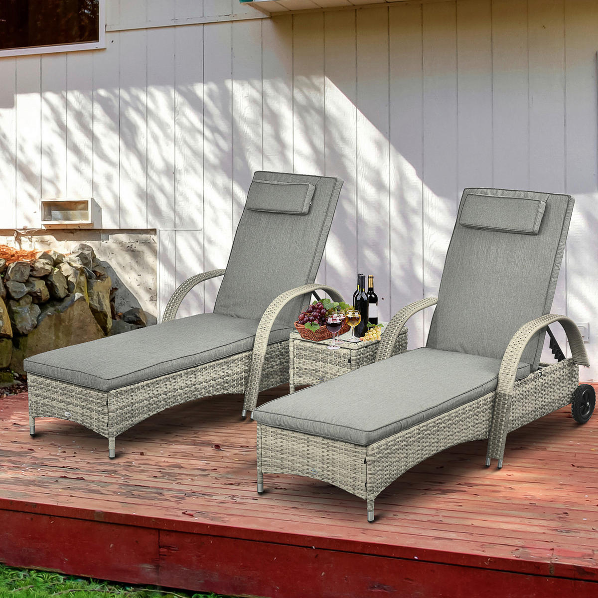 Outsunny Gartenliege-Set mit Tisch grau Polyrattan B/H/L: ca. 73x103x200 cm Gartenliege-Set mit Tisch - grau (200,00/73,00/103,00cm) - Outsunny
