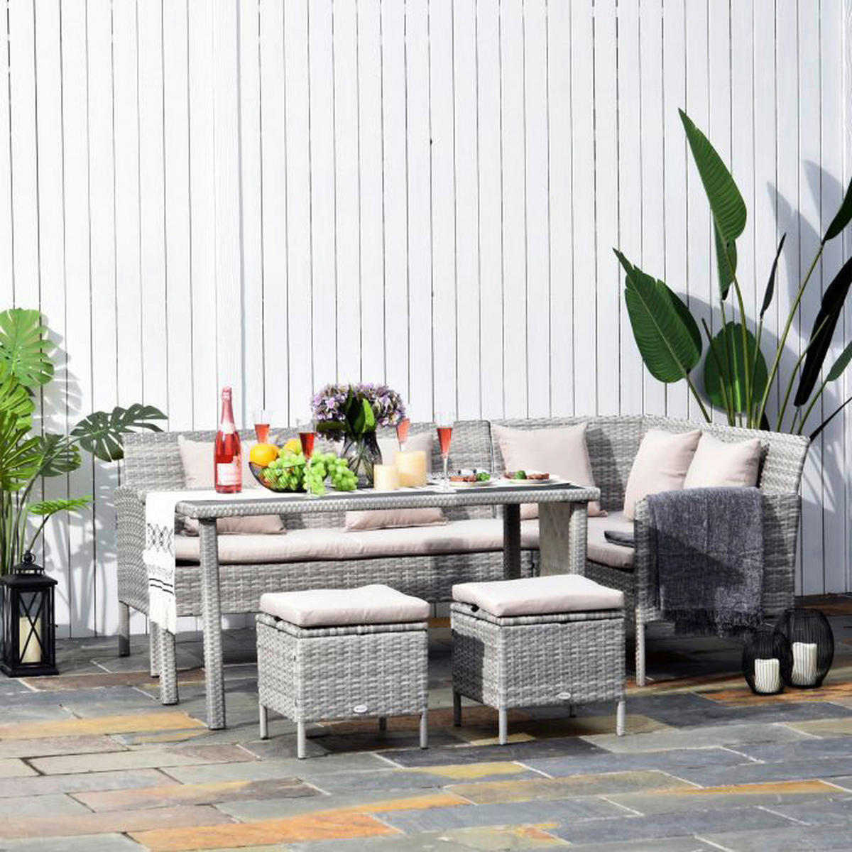 Outsunny Gartensitzgruppe grau Polyrattan B/H/L: ca. 142x75x125 cm Gartensitzgruppe - creme/grau (125,00/142,00/75,00cm) - Outsunny