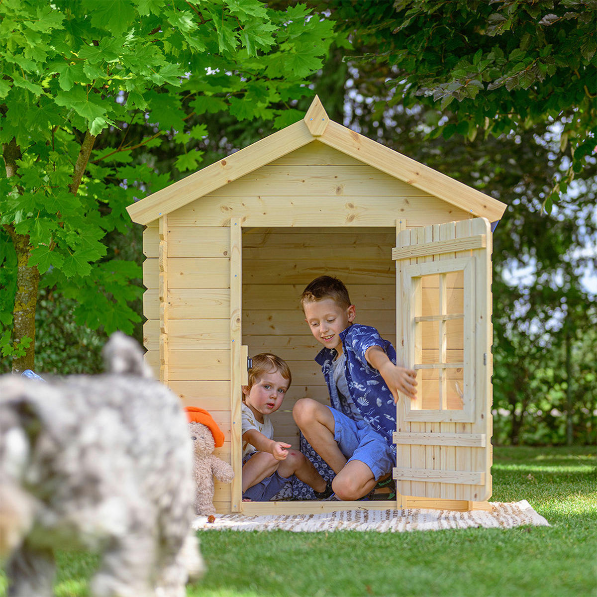 Timbela Kinderspielhaus M570M blau B/H/L: ca. 114x121x111 cm M570M - blau/natur (111,00/114,00/121,00cm) - Timbela