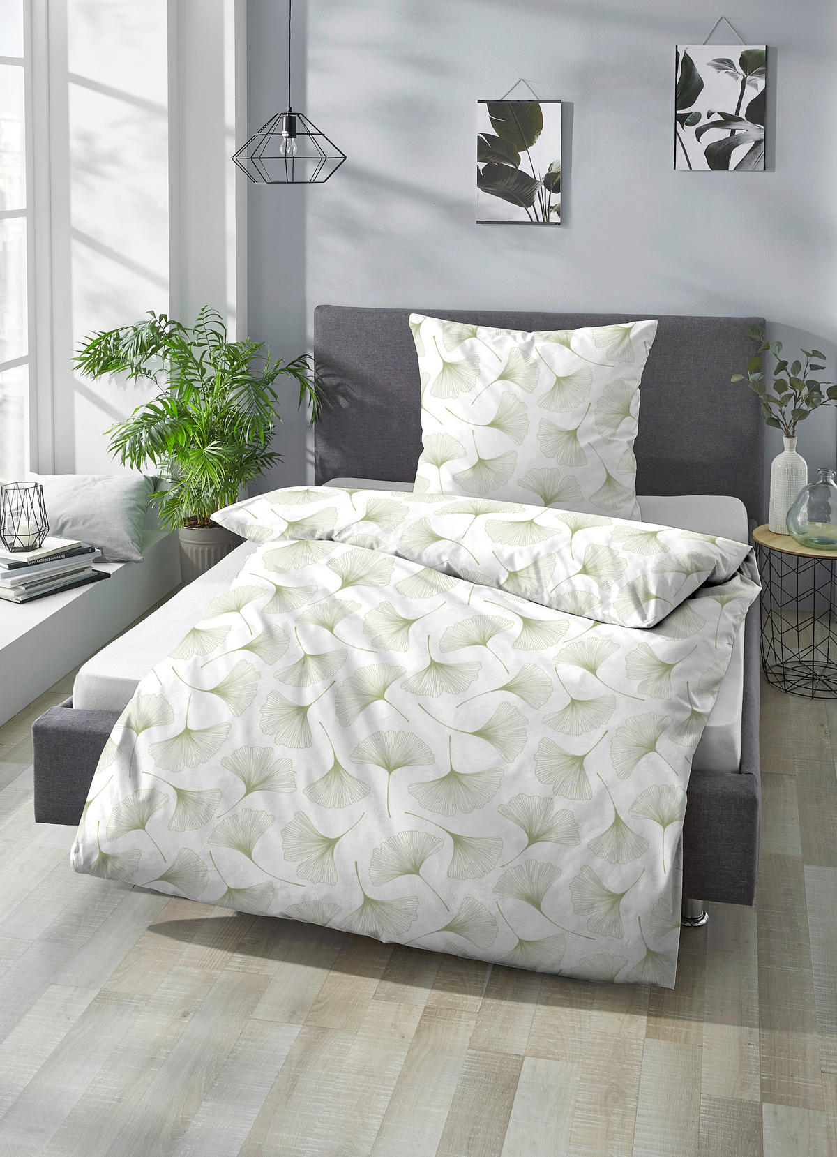 Baumwoll Bettwäsche Satin Bettwäsche_Satin_Gingko - weiß/grün (135,00/200,00cm) - Trendline by Biberna