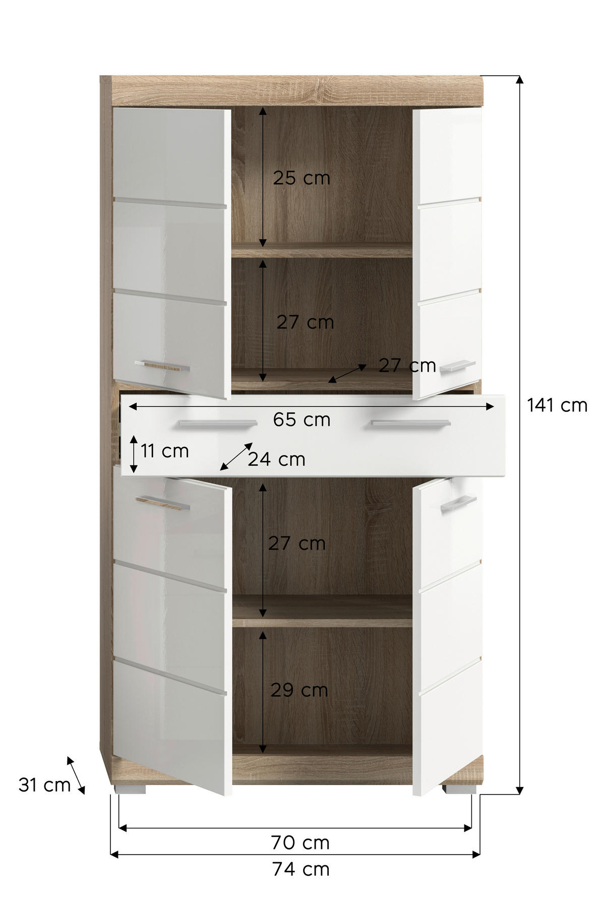 Midischrank Lambada Eiche Sonoma Nachbildung weiß Hochglanz B/H/T: ca. 74x141x31 cm Lambada - Eiche/weiß (74,00/141,00/31,00cm) - xonox.home