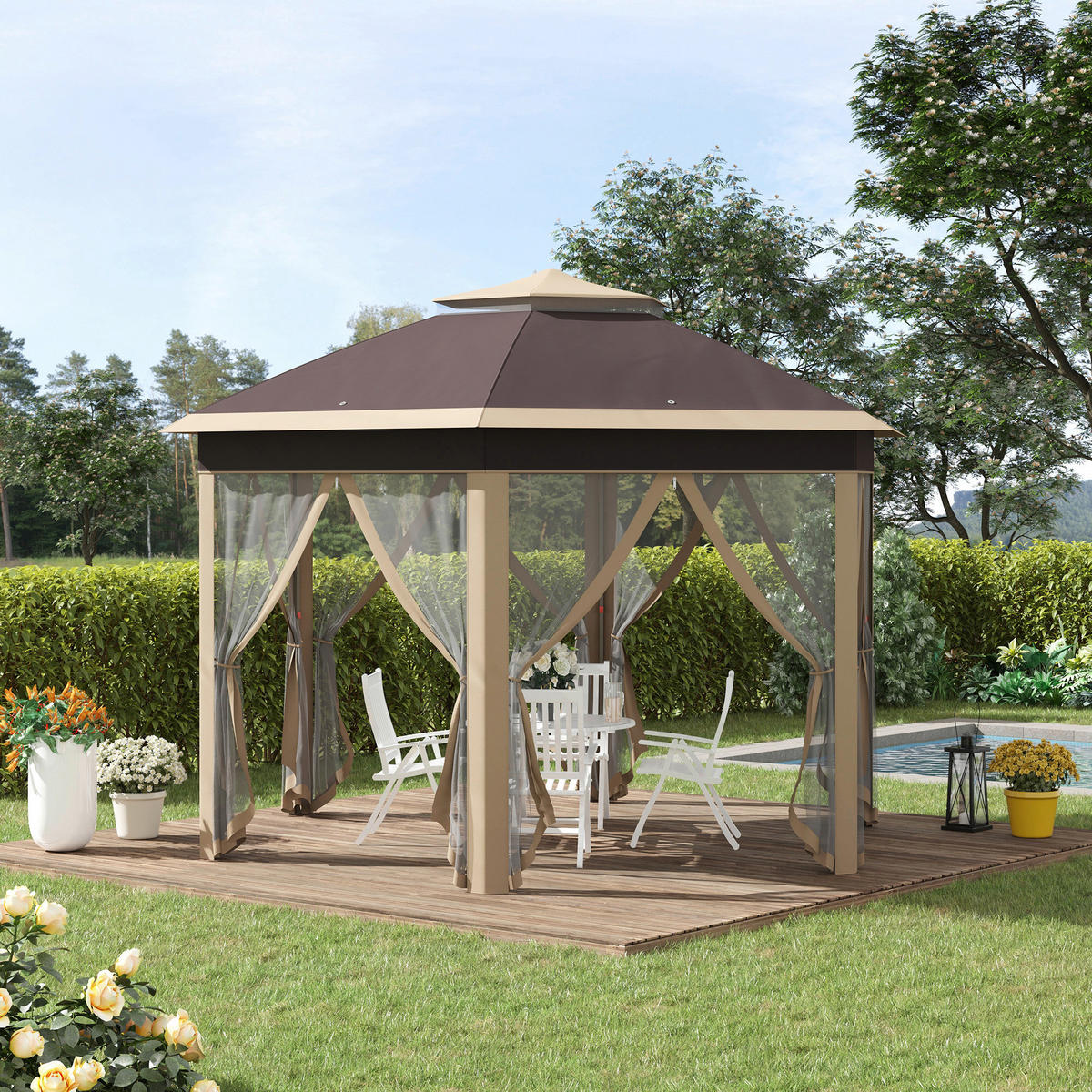 Outsunny Faltpavillon hellbraun Metall B/H/L: ca. 405x285x405 cm Faltpavillon - hellbraun (405,00/405,00/285,00cm) - Outsunny