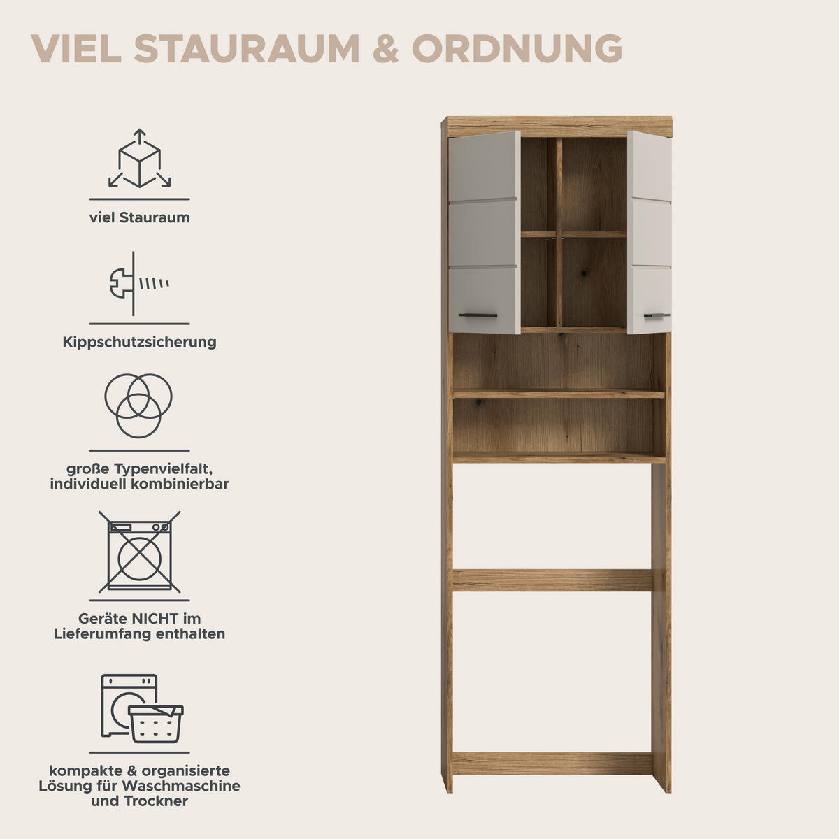 Waschmaschinenumbauschrank Scout Evoke Oak Nachbildung Kaschmirgrau Nachbildung B/H/T: ca. 63x191x24 cm Scout - Kaschmirgrau (63,00/191,00/24,00cm) - xonox.home