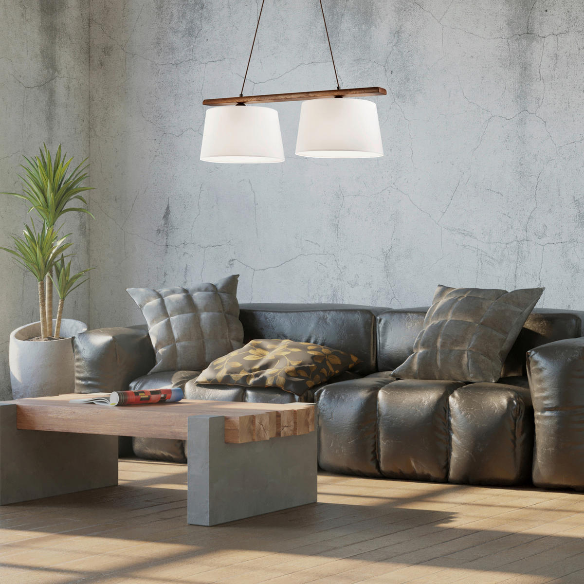 Lamkur Pendelleuchte AIDA 35178 Eiche Holz Stoff Stahl H/L: ca. 95x90 cm E27 2 Brennstellen Aida - Eiche (90,00cm) - Lamkur