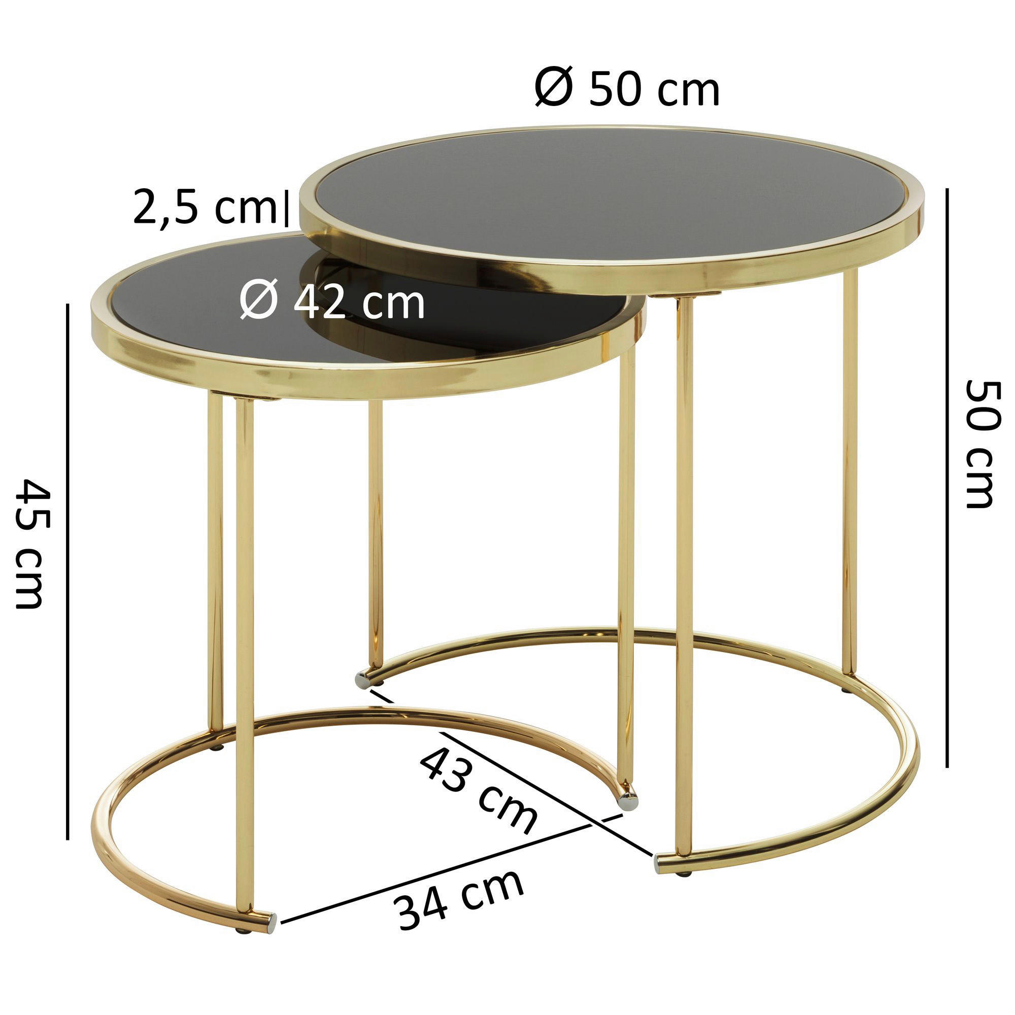 Beistelltisch 2er-Set schwarz gold lackiert Glas Metall 2er-Set - gold/schwarz - Wohnling