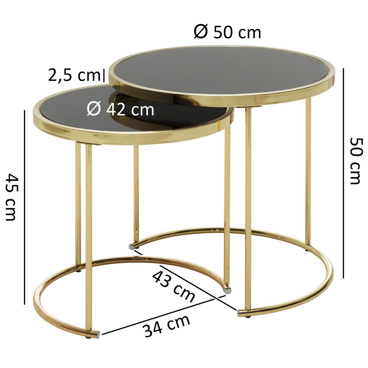 Beistelltisch 2er-Set schwarz gold lackiert Glas Metall 2er-Set - gold/schwarz - Wohnling