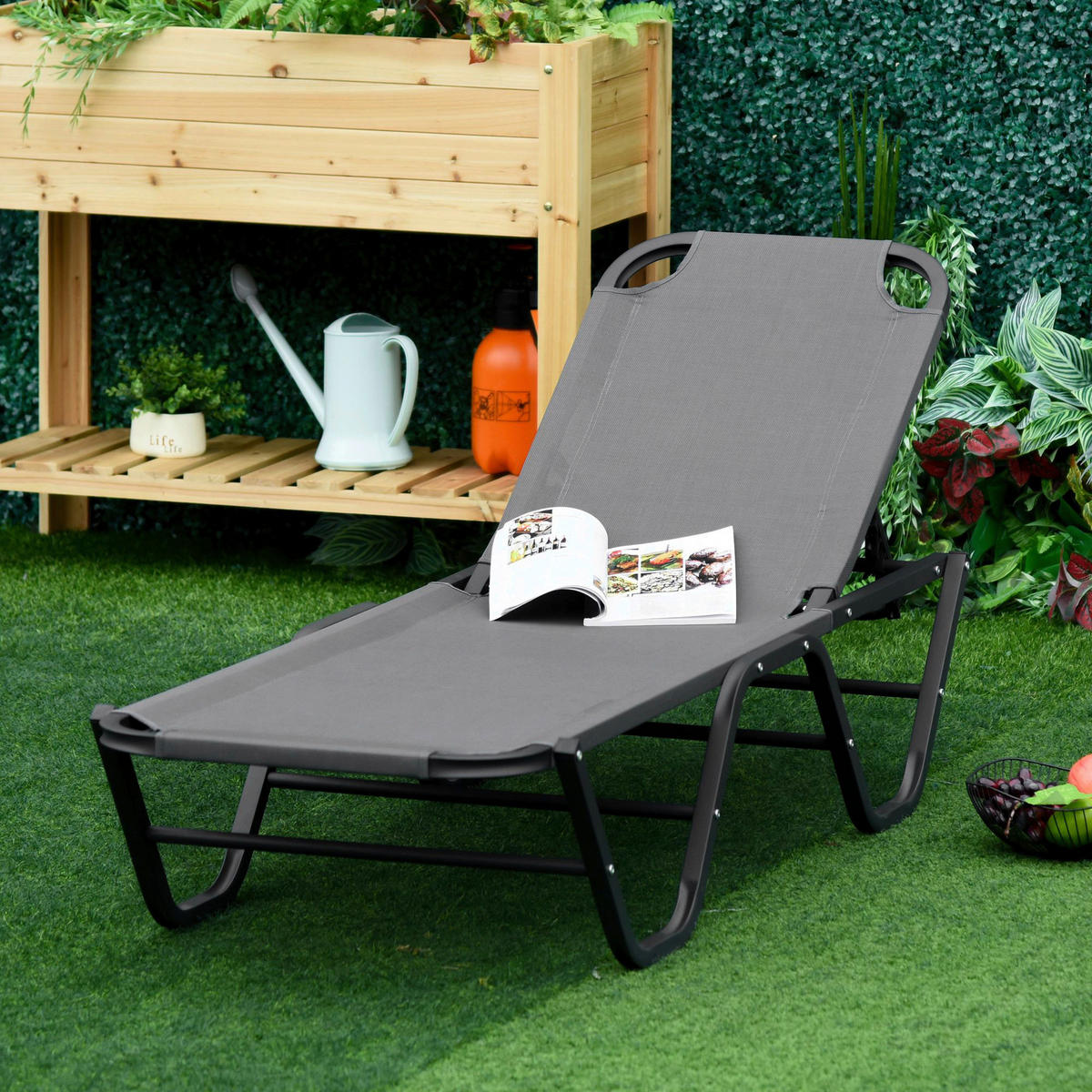 Outsunny Sonnenliege schwarz Aluminium B/H/L: ca. 59x91x163 cm Sonnenliege - schwarz/grau (163,00/59,00/91,00cm) - Outsunny
