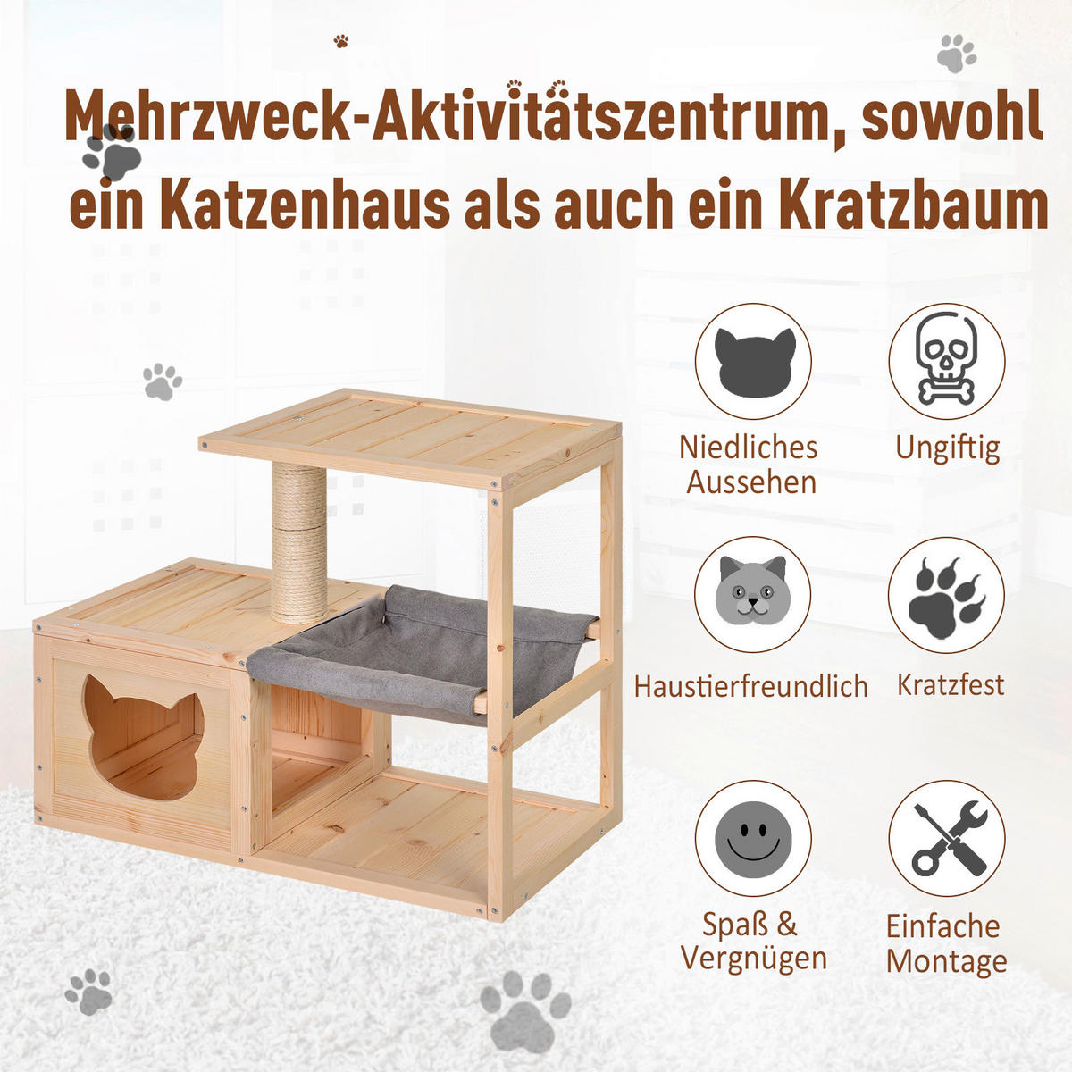 PawHut Katzenhaus natur Holz Katzenhaus mit Hängematte - natur - PawHut