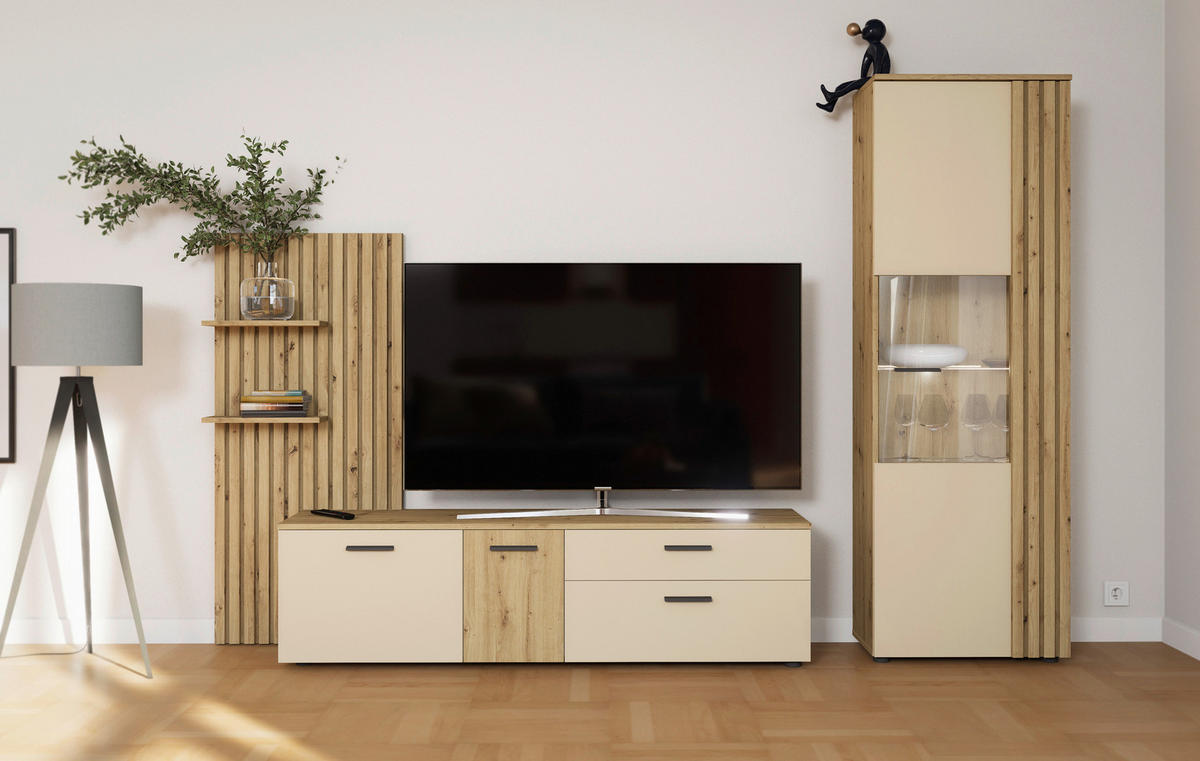 Wohnwand Gatwick Eiche Artisan Nachbildung creme B/H/T: ca. 250x180x38 cm Gatwick - Eiche/creme (250,00/180,00/38,00cm)