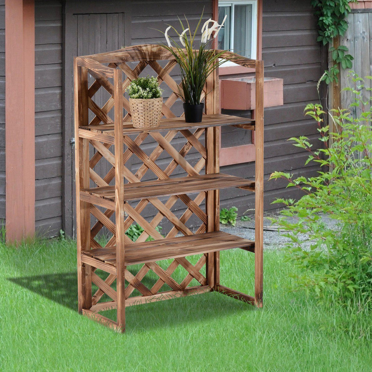 Outsunny Pflanzentreppe natur Holz B/H/L: ca. 38x120x75 cm Pflanzentreppe mit 3 Etagen - natur (75,00/38,00/120,00cm) - Outsunny
