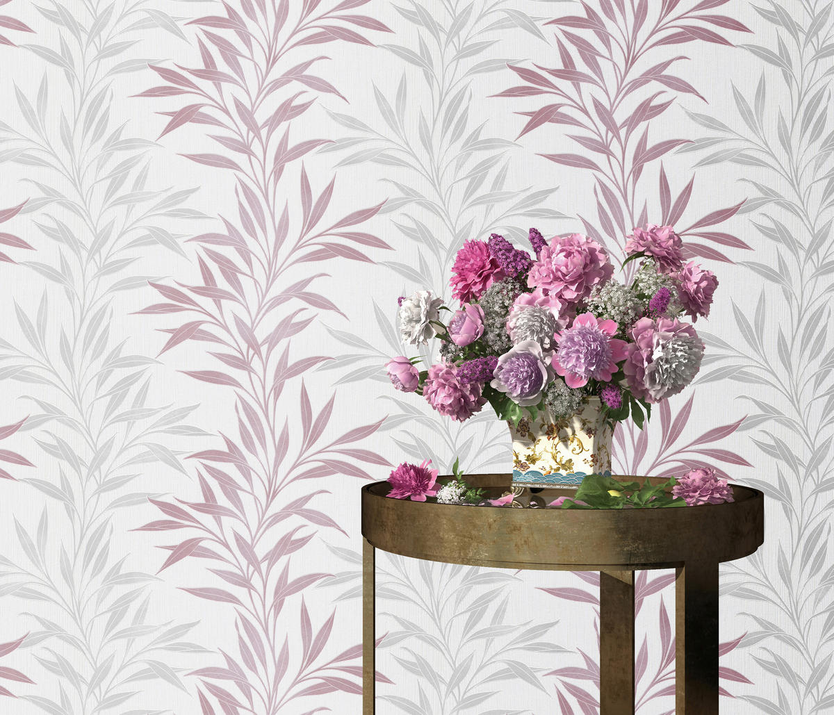 Vliestapete Blätter rosa grau weiß B/L: ca. 53x1005 cm Vliestapete_10093-05 - weiß/rosa (53,00/1005,00cm)