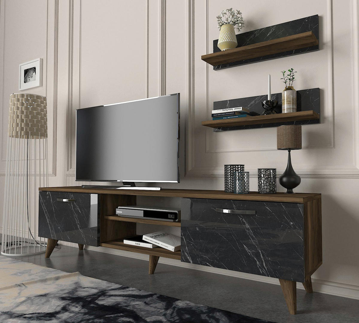 Wohnwand Ayden walnuss Nachbildung dunkelgrau Marmor Optik B/H/T: ca. 150x40,6x30 cm Ayden - walnuss/dunkelgrau (150,00/40,60/30,00cm) - moebel17