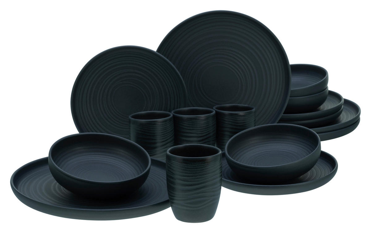 CreaTable Kombiservice Uno Black Lava Stone schwarz Steinzeug 16 tlg. Uno Black Lava Stone - schwarz - CreaTable