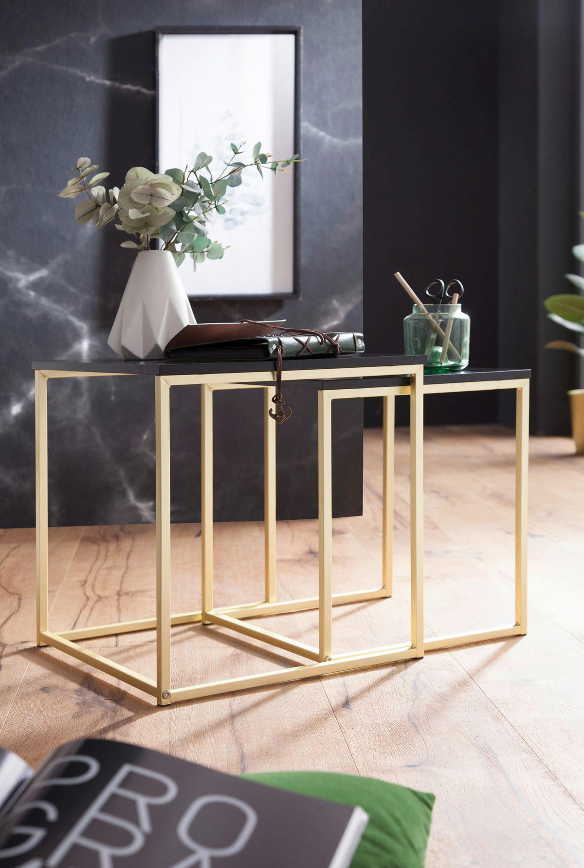 Beistelltisch 2er-Set schwarz Lack matt gold lackiert MDF Metall 2er-Set - gold/schwarz - Wohnling