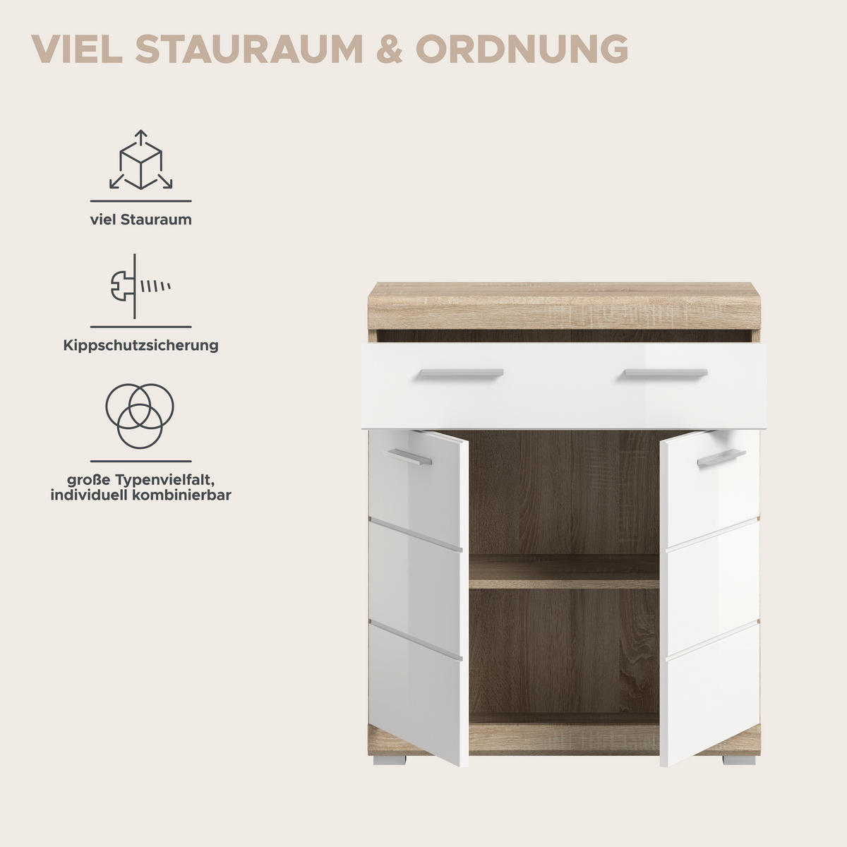 Schrank Lambada Eiche Sonoma Nachbildung weiß Hochglanz B/H/T: ca. 74x88x31 cm Lambada - Eiche/weiß (74,00/88,00/31,00cm) - xonox.home