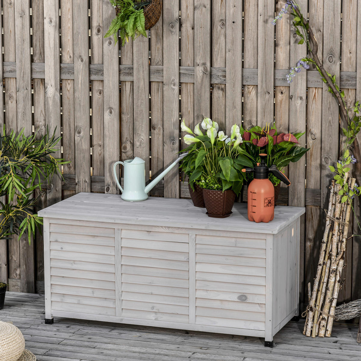 Outsunny Gartentruhe mit Stauraum grau Holz B/H/L: ca. 56x60x127 cm Gartentruhe mit Stauraum - grau (127,00/56,00/60,00cm) - Outsunny