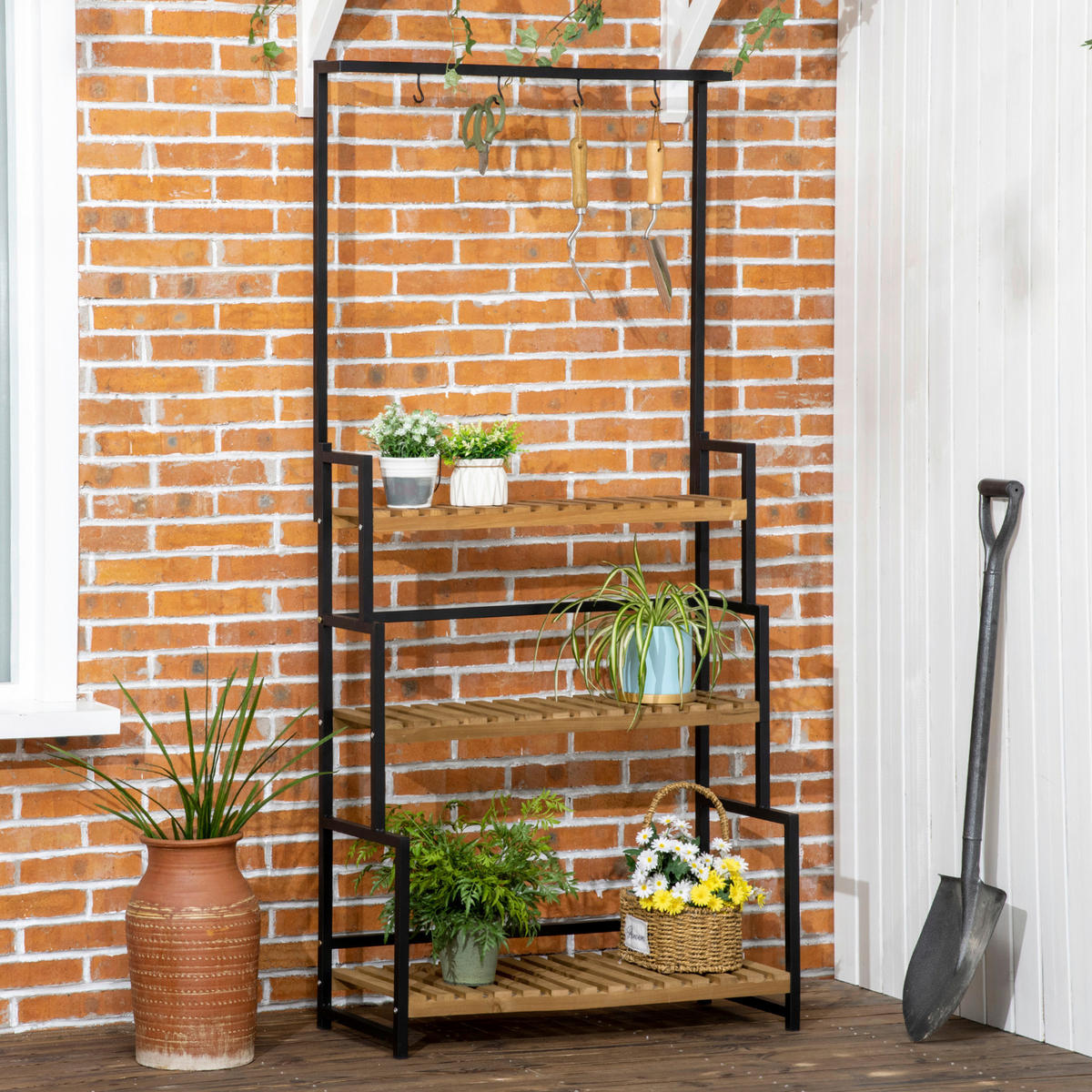Outsunny Blumenständer natur Holz B/H/L: ca. 36x174x80 cm Blumenständer - natur/schwarz (80,00/36,00/174,00cm) - Outsunny