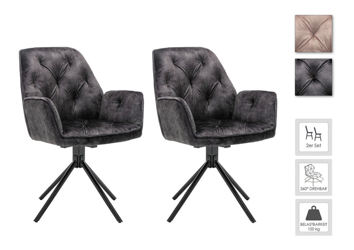 byLIVING Sessel SARINA  2er-Set anthrazit Vintage Samt Metall B/H/T: ca. 59,5x89x62 cm SARINA  2er-Set - anthrazit (59,50/89,00/62,00cm) - byLIVING