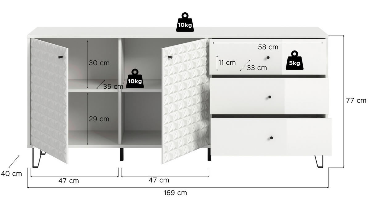 Sideboard PRISMA weiß weiß Hochglanz B/H/T: ca. 170x76x40 cm PRISMA - weiß (170,00/76,00/40,00cm) - xonox.home