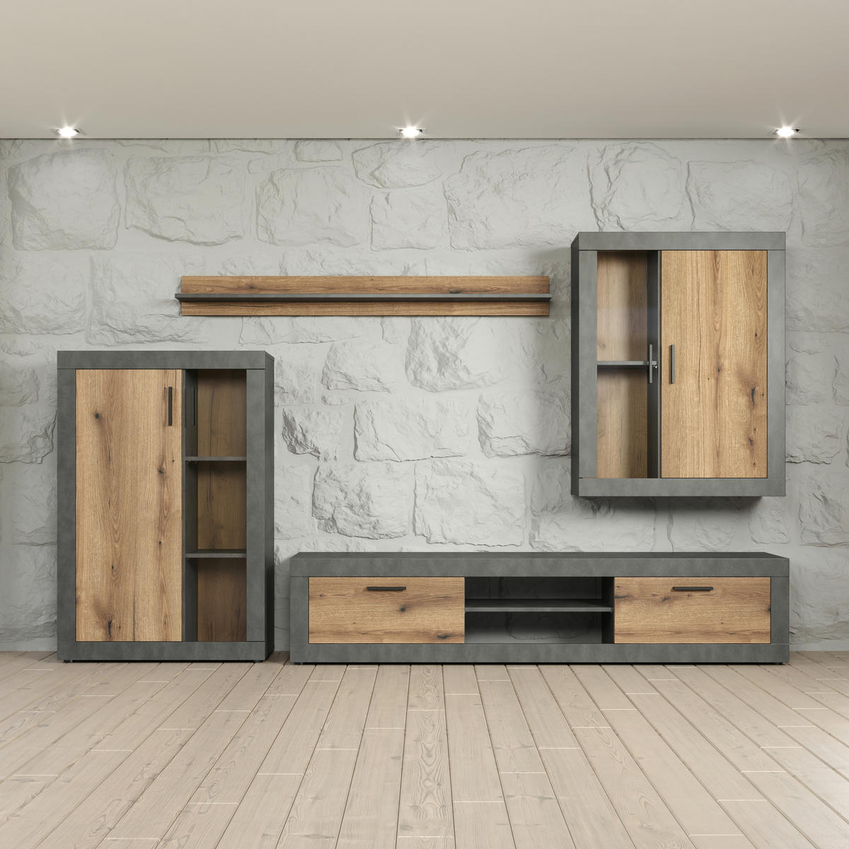 Wohnwand Salvada Eiche Evoke Coast Nachbildung anthrazit B/H/T: ca. 285x188x40 cm Salvada - Eiche/anthrazit (285,00/188,00/40,00cm)