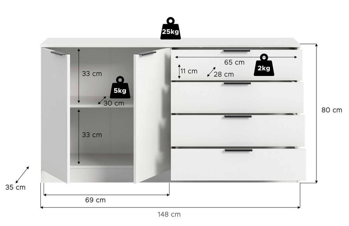 Kommode KOPENHAGEN weiß B/H/T: ca. 148x80x35 cm KOPENHAGEN - weiß (148,00/80,00/35,00cm) - xonox.home