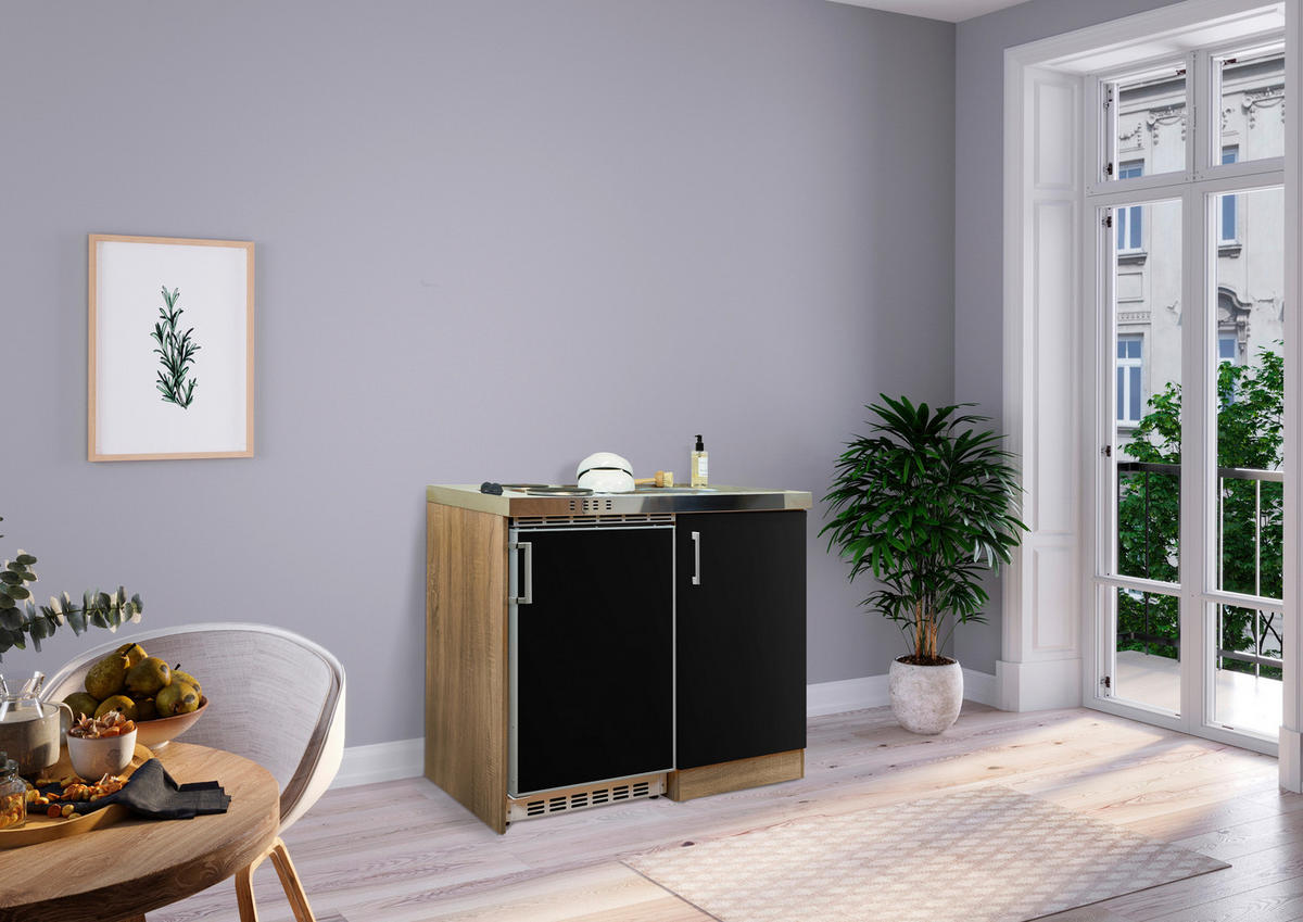 Respekta Miniküche 100 schwarz matt B/H/T: ca. 100x87x60 cm 100 - Eiche/schwarz (100,00/87,00/60,00cm) - Respekta