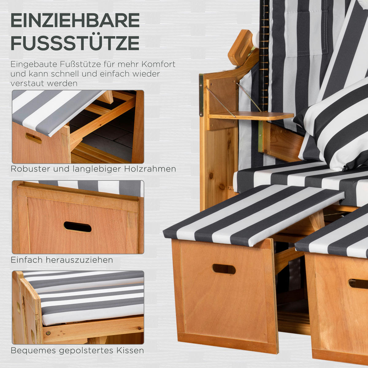 Outsunny Strandkorb grau Polypropylen B/H/L: ca. 79x118x160 cm Strandkorb - weiß/grau (160,00/79,00/118,00cm) - Outsunny