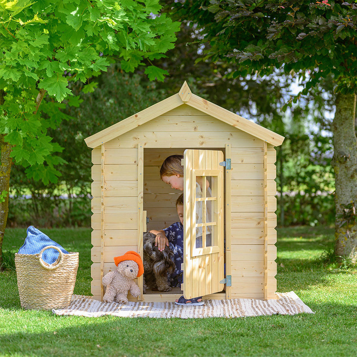 Timbela Kinderspielhaus M570M blau B/H/L: ca. 114x121x111 cm M570M - blau/natur (111,00/114,00/121,00cm) - Timbela