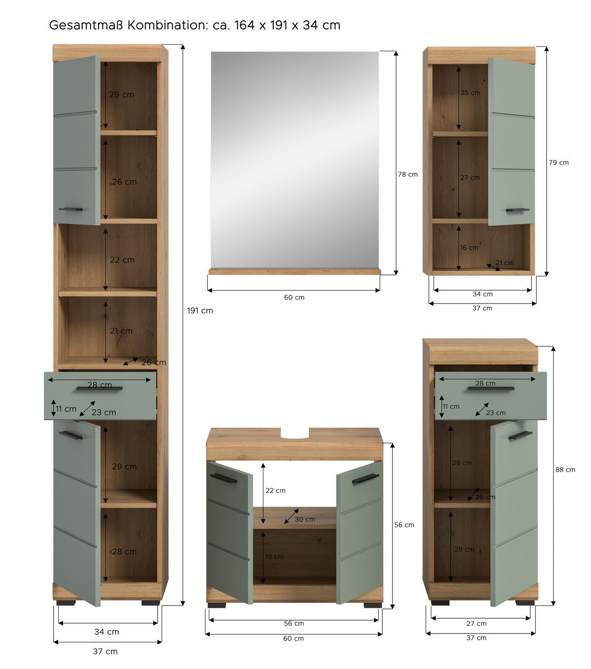 Badezimmer-Set Scout Eiche Artisan Nachbildung salbei Nachbildung B/H/T: ca. 164x191x34 cm Scout - Eiche/salbei (164,00/191,00/34,00cm) - xonox.home