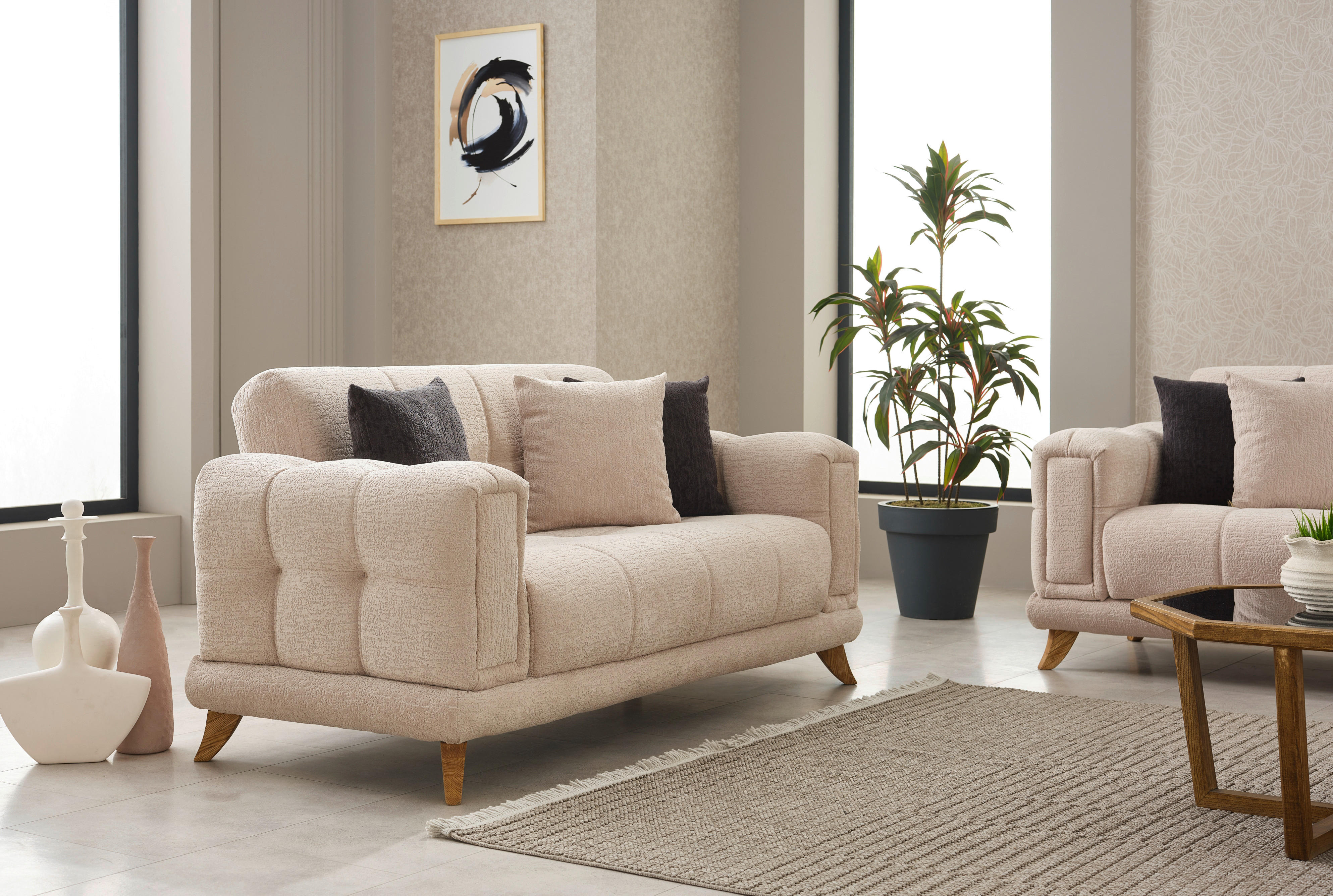 Sofa 3-2-1 Rixos beige Webstoff Rixos - beige/Eiche