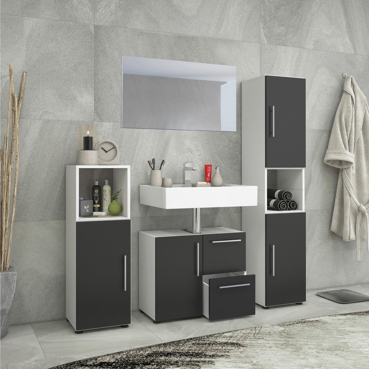 Badezimmer-Set Flandu weiß schwarz B/H/T: ca. 61x51x32 cm Flandu - weiß/schwarz (61,00/51,00/32,00cm) - VCM Möbel