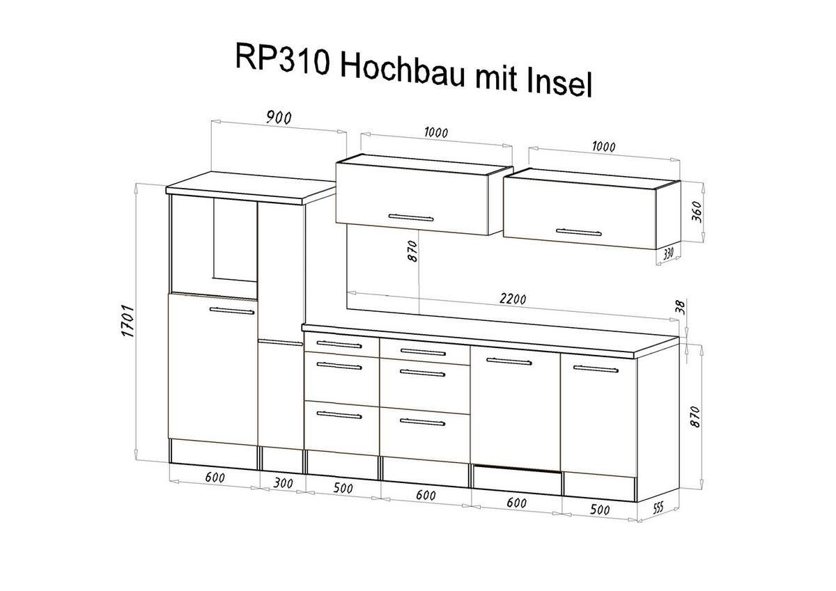 Respekta Inselküche Premium weiß hochglänzend B/H/T: ca. 310x200x270 cm Premium - Eiche/weiß (310,00/200,00/270,00cm) - Respekta