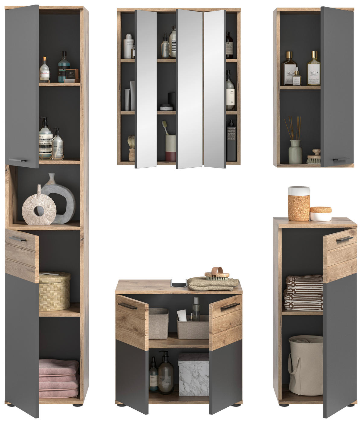 Badezimmer-Set MASON Nox Oak Nachbildung edles Basaltgrau Nachbildung B/H/T: ca. 164x190x34 cm MASON - edles Basaltgrau (164,00/190,00/34,00cm) - xonox.home