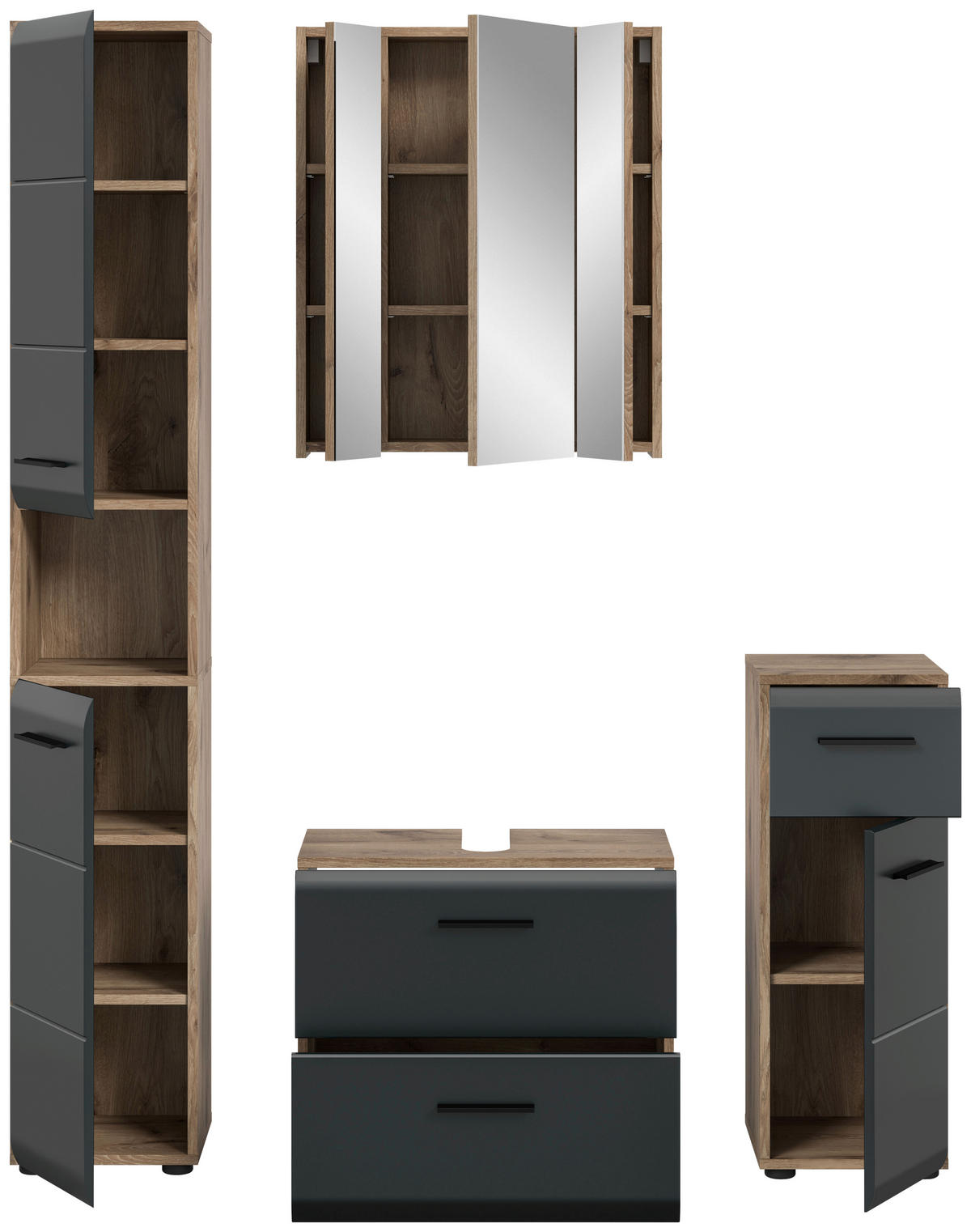 Badezimmer-Set Ice Nox Oak Nachbildung schwarz matt B/H/T: ca. 150x185x30 cm Ice - schwarz (150,00/185,00/30,00cm) - xonox.home