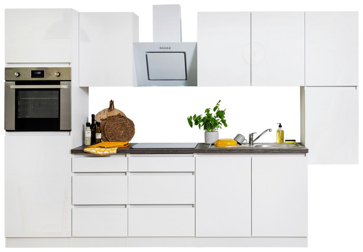 Respekta Küchenblock Premium weiß hochglänzend B/H/T: ca. 320x220,5x60 cm Premium - weiß/granit (320,00/220,50/60,00cm) - Respekta